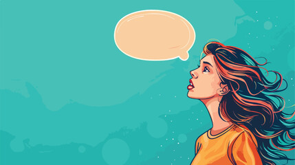 Young woman with blank speech bubble on color background