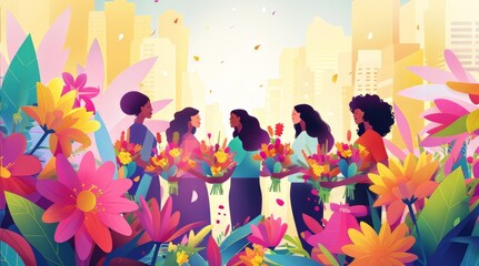 A group of happy women with bouquets of flowers