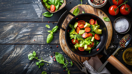 Frying pan with tasty avocado salad on wooden table