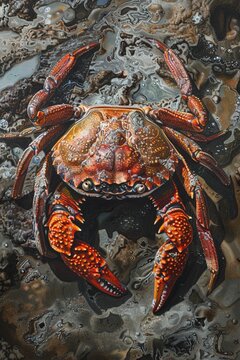 AI generated illustration of a Greek Stream Crab (Potamon potamios) amidst the rocky substrates