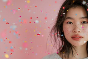 Close up Beauty portrait of fashion Asian female face isolated on pink background.