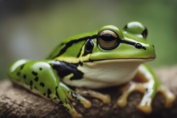 Fototapeta premium 'green frog portrait animal closeup white isolated on cute tree wildlife copy space nature amphibian orange tropical rainforest'