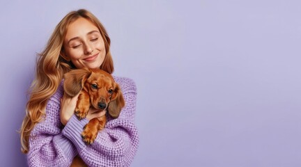 Young woman kisses and hugs her puppy dog isolated on purple background.