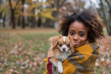 Cute little dog and its owner in nature outdoor