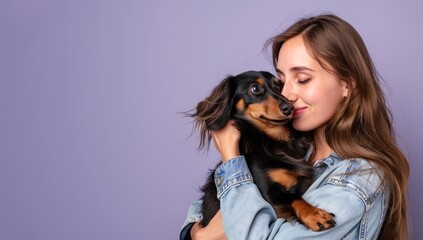 Cute young woman kisses and hugs her puppy dog isolated on purple background.