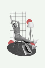 Vertical collage young cheerful woman laptop remote worker checkered background lamp digital device...