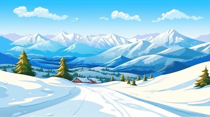 Winter Wonderland Ski Resort Panorama - obrazy, fototapety, plakaty