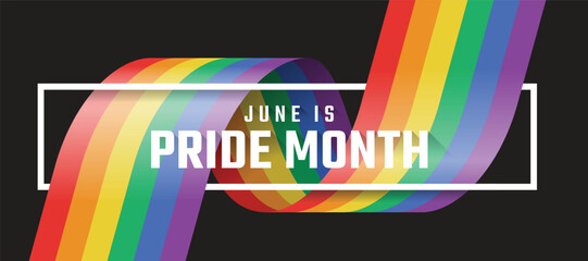 June is pride month text in white frame cross rainbow pride flag with rolling and waving on black background vector design