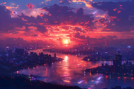 Anime-inspired Cityscape with Sunset in the Style of Nightcore
