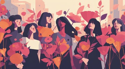 Fototapeta premium A group of happy women with bouquets of flowers