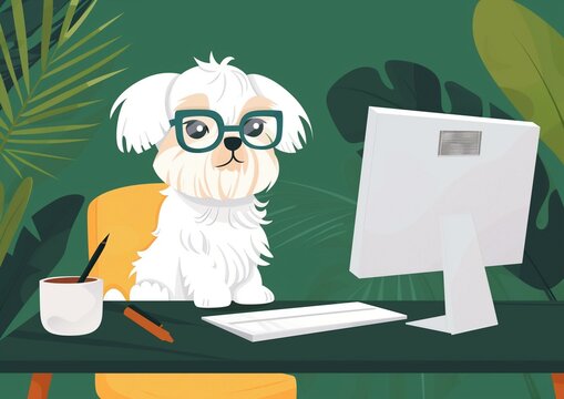 Cute Cartoon Dog Wearing Glasses Working on Computer Illustration