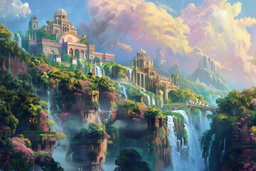 Fototapeta premium A beautiful digital painting of a floating island with a city on it
