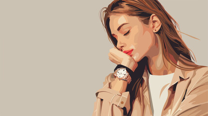 Young woman with wristwatch on grey background Vector