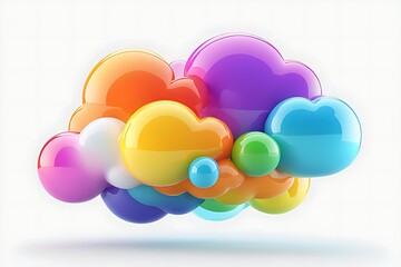 Obraz premium Abstract rainbow clouds isolated on white background. Textured cartoon 3D illustration, gradient. Glossy surface