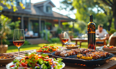 Happy smiling multi-ethnic friends enjoying BBQ dinner party with grilled meat, salads, wine on backyard patio table