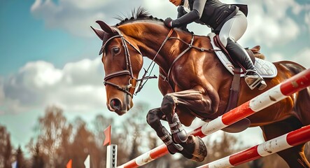 Equestrian athlete in action, jumping a horse over obstacle. Capturing motion and skill in sports photography. Horse show jumping in perfect form. AI