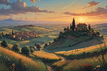 Watercolor painting of Tuscany, Italy at sunset