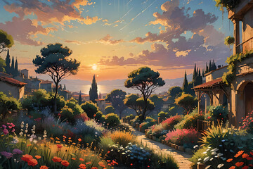 Watercolor painting of a Mediterranean Garden at sunset. Mediterranean landscape