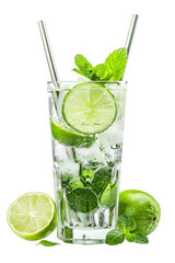 Mojito Drink Glass with Lime and Mint on White Background