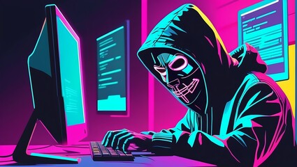 Hacker wearing a hoodie and a mask, criminal activity related to cybercrime
