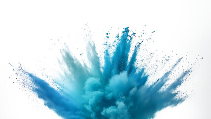 A turquoise and light blue explosion smoke of holi paint color powder isolated on transparent or white background.