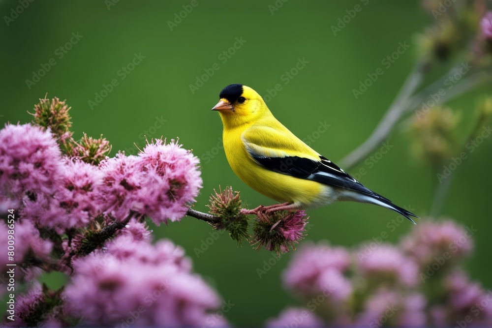 Wall mural 'american spring male portrait goldfinch closeup leaf tree green bird brown yellow perch cap song fi