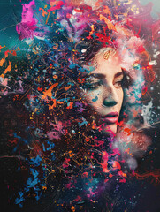 A woman's face is painted with bright colors and splatters of paint