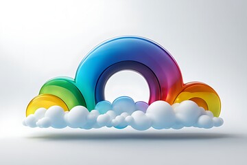 Obraz premium Abstract rainbow and clouds isolated on white background. Cartoon 3D illustration, gradient. Glossy surface