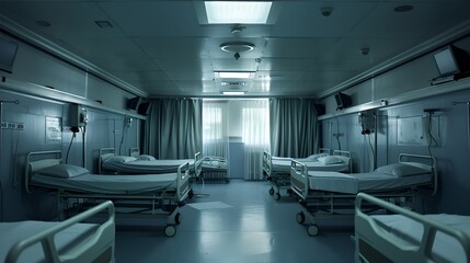 Quiet hospital room with empty beds, sterile medical environment. Image depicts healthcare facility. Clean and organized hospital ward. AI