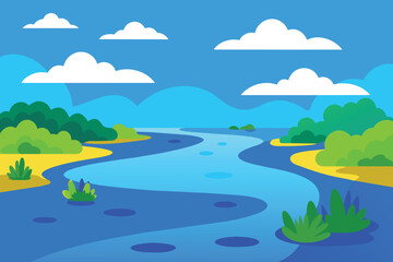 Panoramic view of a blue freshwater estuary with mangroves on its edge and cloud in the vector background design