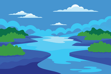 Panoramic view of a blue freshwater estuary with mangroves on its edge and cloud in the vector background design