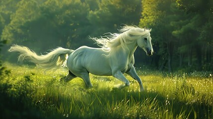 Obraz na płótnie Canvas A white horse is running through a tall green grassy field. There are trees on either side of the horse and the background is blurry. The horse's mane and tail are flowing in the wind.