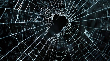 Abstract pattern of spider-web cracks emanating from a central hole in a pane of glass, showcased against a deep black backdrop