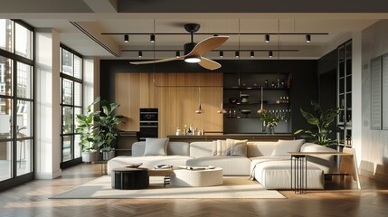 A modern ceiling fan with integrated LED lights, adding both illumination and ventilation to a room, combining functionality and style for enhanced comfort and ambiance.