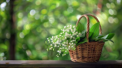 A wicker basket filled with white lily of the valley flowers sits on a wooden table against a blurry background of green foliage.

