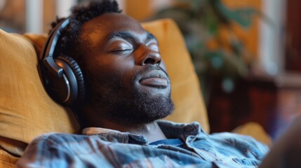 A man is wearing headphones and lying on a couch - Powered by Adobe