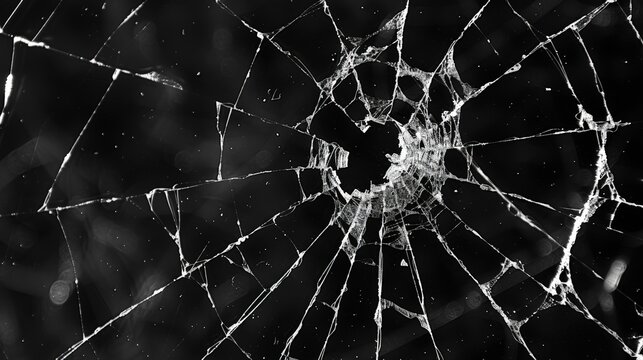 Abstract pattern of spider-web cracks emanating from a central hole in a pane of glass, showcased against a deep black backdrop