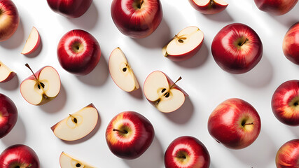 Red apples, half and pieces in a row, flat lay, isolated on white