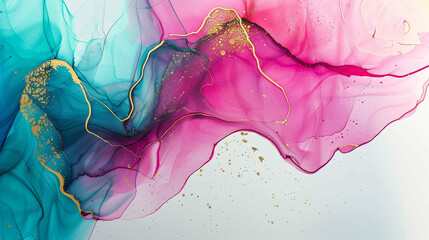 Fuchsia and cyan gradients merging with golden accents on a clean white canvas.