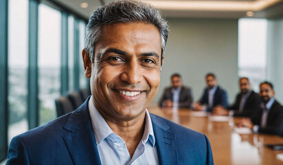 Obraz premium an indian businessman is smiling at the camera while others are in the background