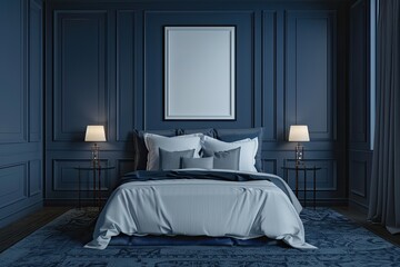 A single blank frame is suspended by wire in a dark blue bedroom