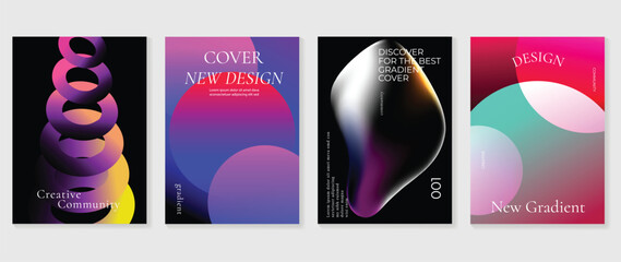 Abstract gradient background vector set. Minimalist style cover template with vibrant perspective 3d geometric prism shapes collection. Ideal design for social media, poster, cover, banner, flyer.