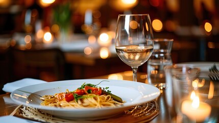 Elegant Restaurant Dinner with Pasta and Wine. Pasta plate with wine glass in a warmly lit restaurant.