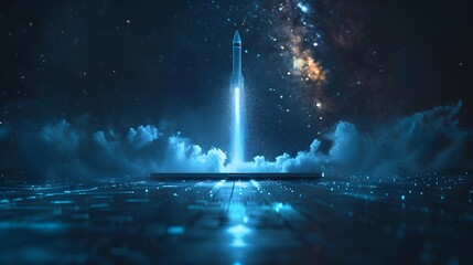 Startup business and launch project concept with digital glowing blue rocket on dark background