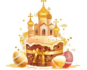 Logo with golden domes and Easter cake and eggs on a white background. The concept of Orthodox Easter.