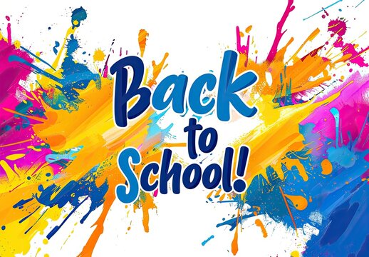 The graphic text "Back to school", written against a background of multicolored splashes of paint.