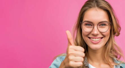 Close up portrait of pretty good girl with modern hairstyle gesturing two thumbs up like symbols looking at camera isolated on pink background.