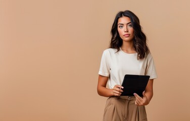 Brunette nice lady hold tablet isolated on brown background