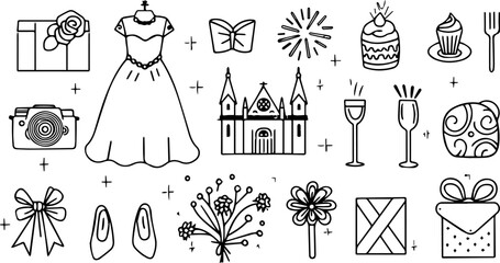 set of wedding icons, minimalistic vector line art on white background
