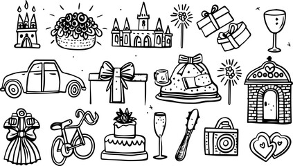 Obraz premium set of wedding icons, minimalistic vector line art on white background